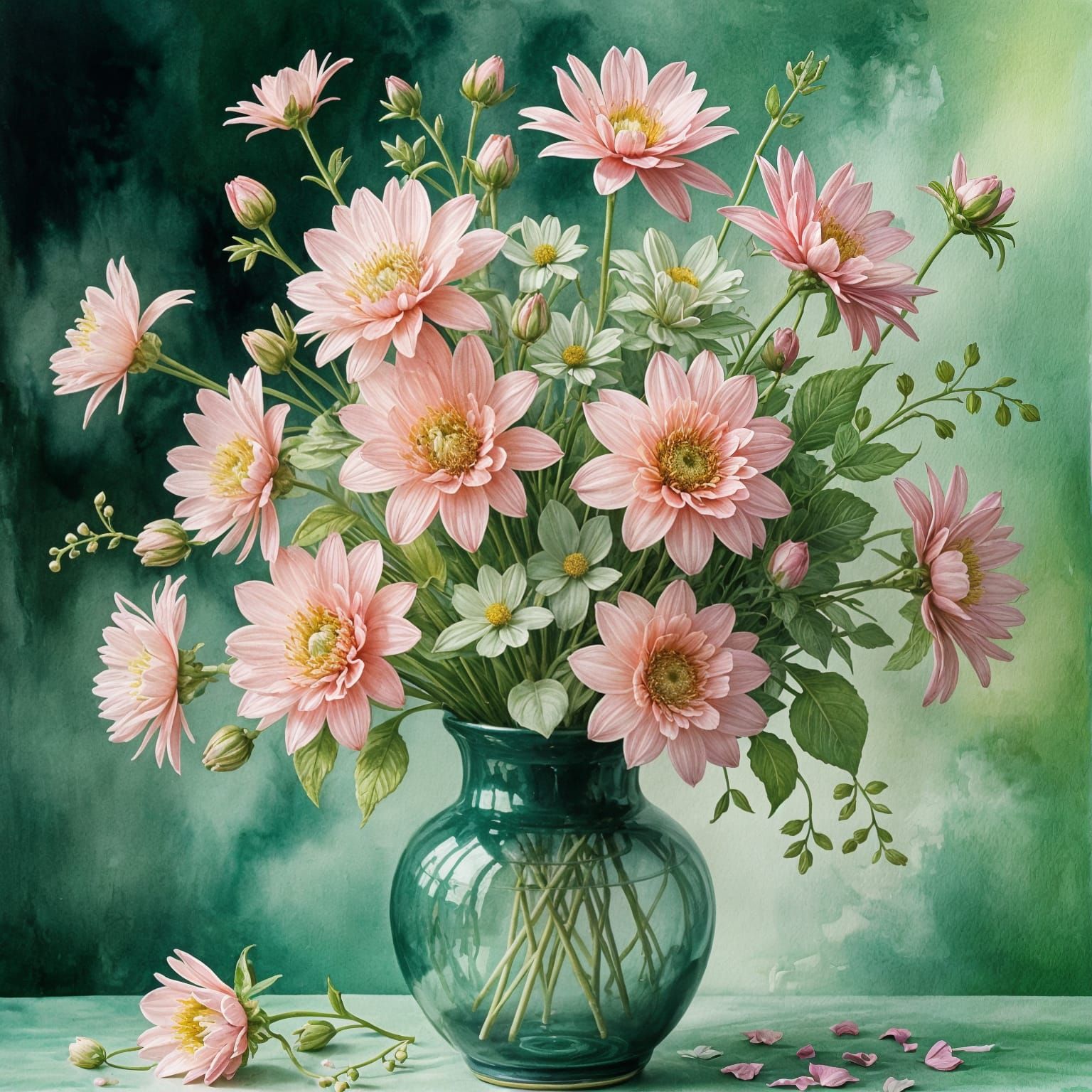 Ethereal Watercolor Bouquet of Flowers in Green Vase