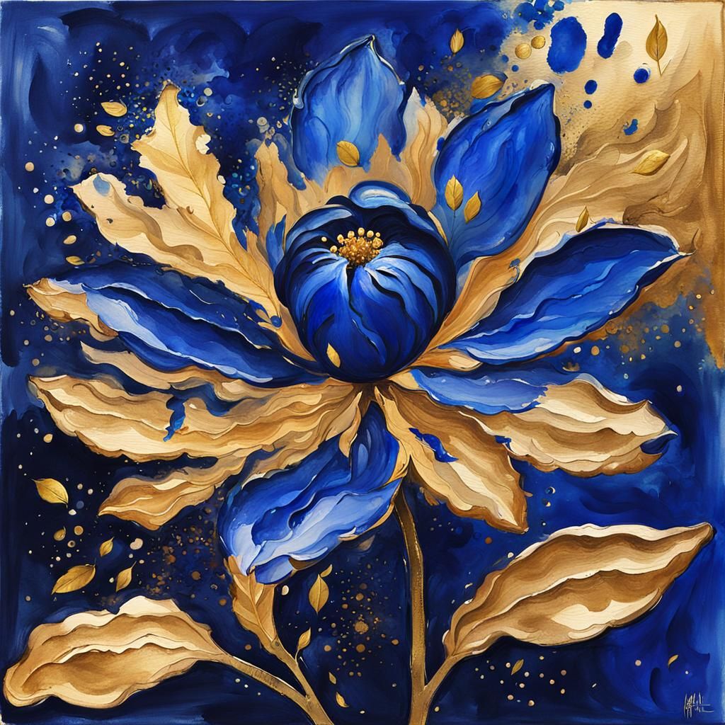 Blue Flower with Gold Accents Watercolor Painting