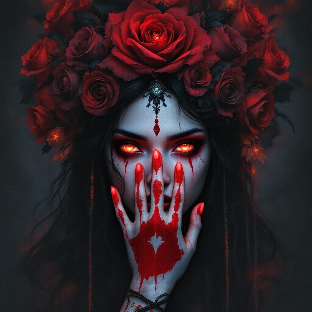 Enigmatic Native Woman in a Halo of Black and Red Roses