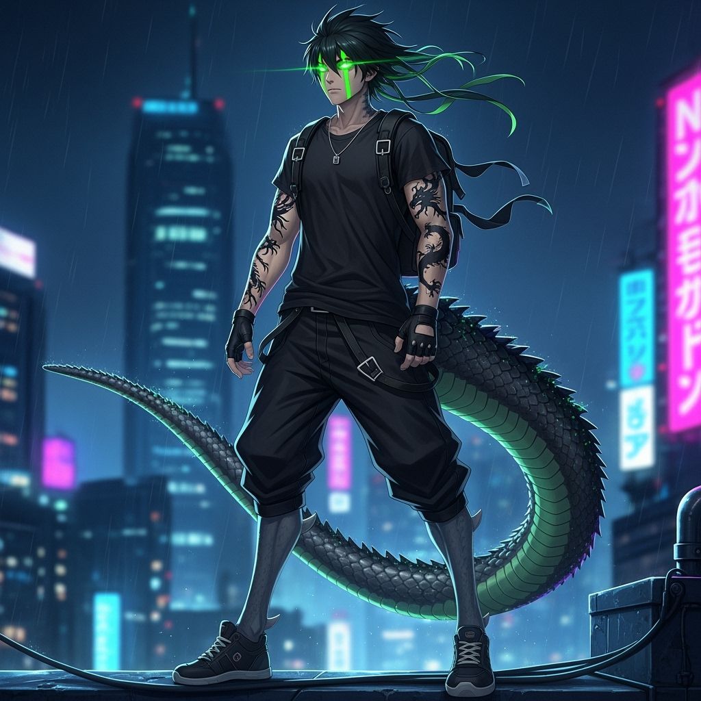 Anime Reptile Hybrid Character on Rooftop at Night