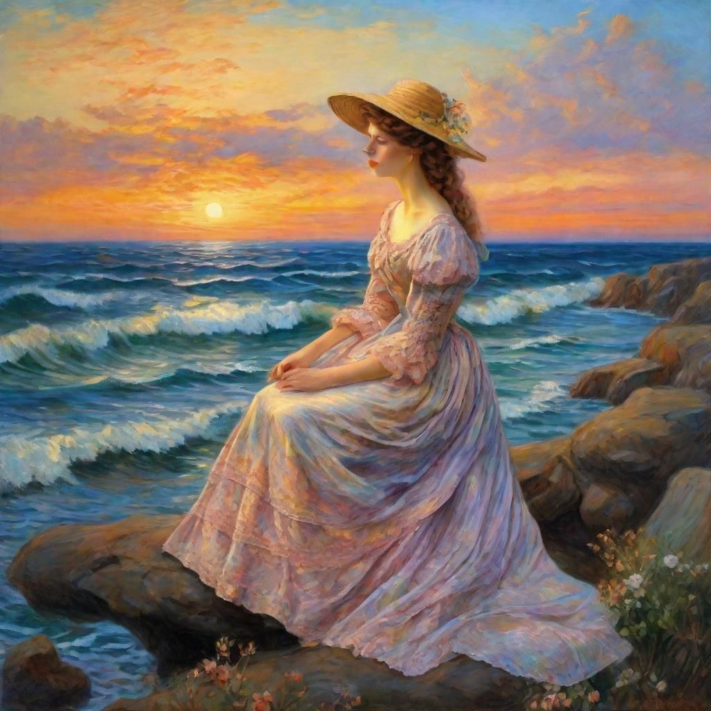 Victorian Woman at Sunset: Neo-Impressionism Painting