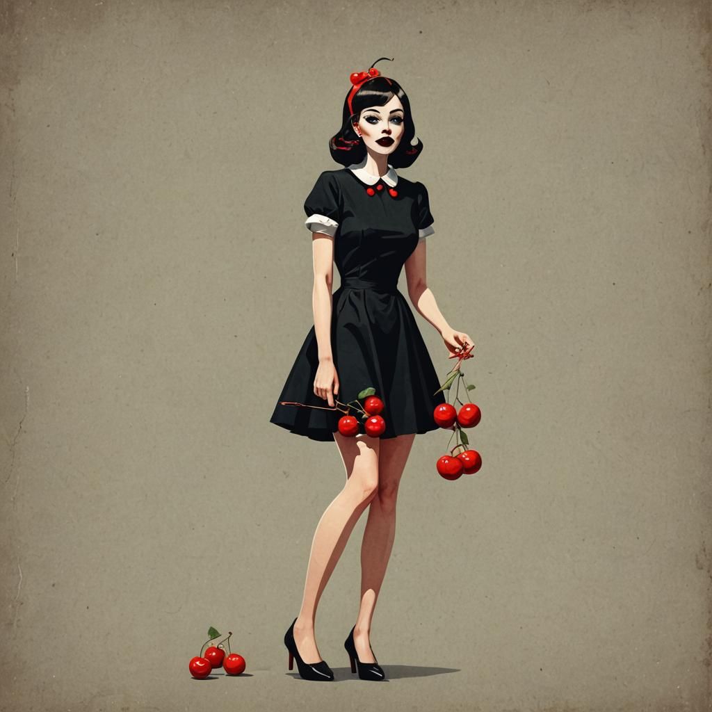 Retro Halloween Girl in Black Dress Illustration