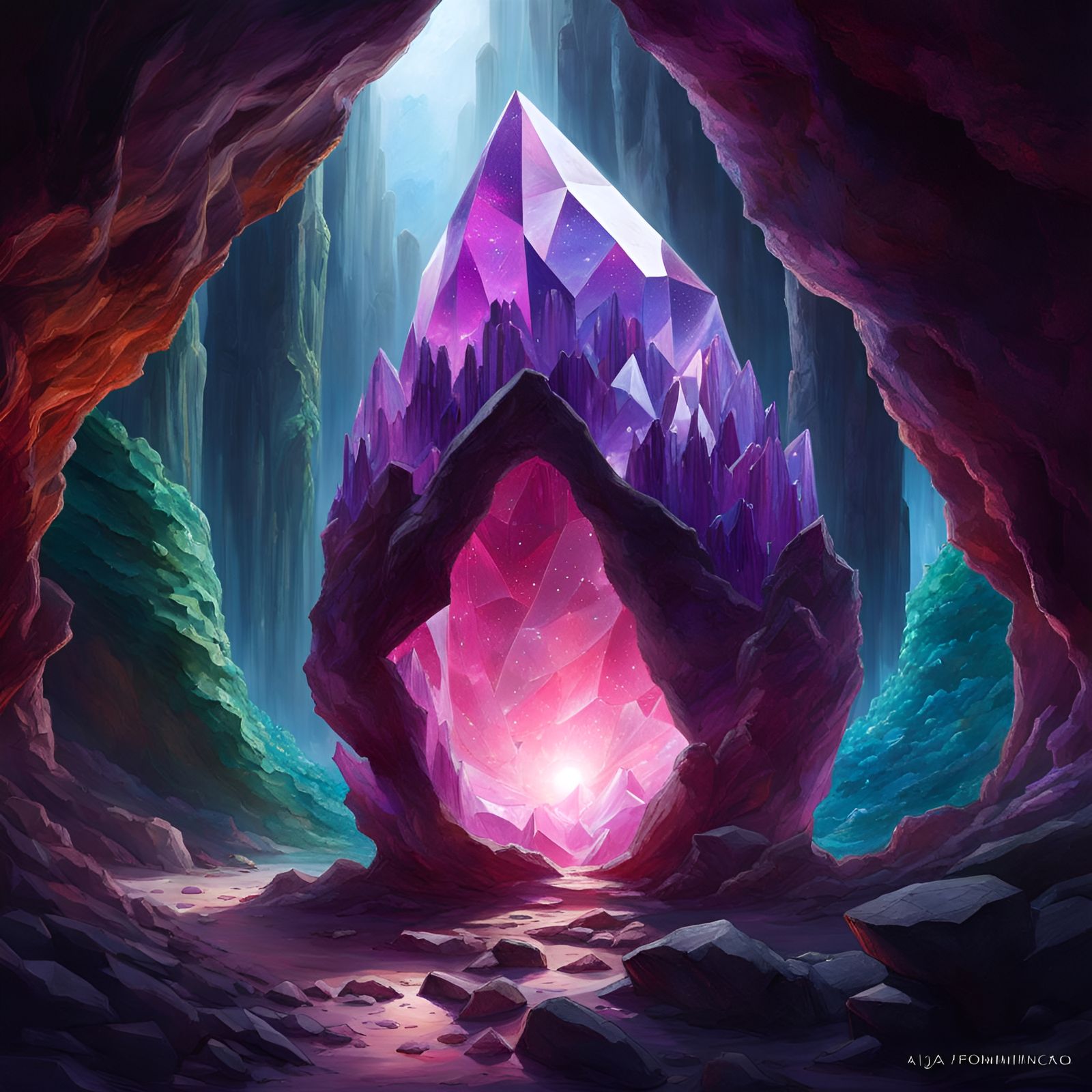 Glittering Crystal Geode in Bioluminescent Cave