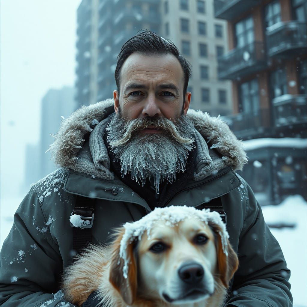 Man in Parka with Dog in Frozen Cityscape