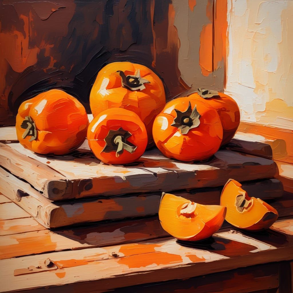 Rustic kitchen filled with earthy root vegetables, persimmons, mandarin oranges, warm comforting light, wooden table, he...