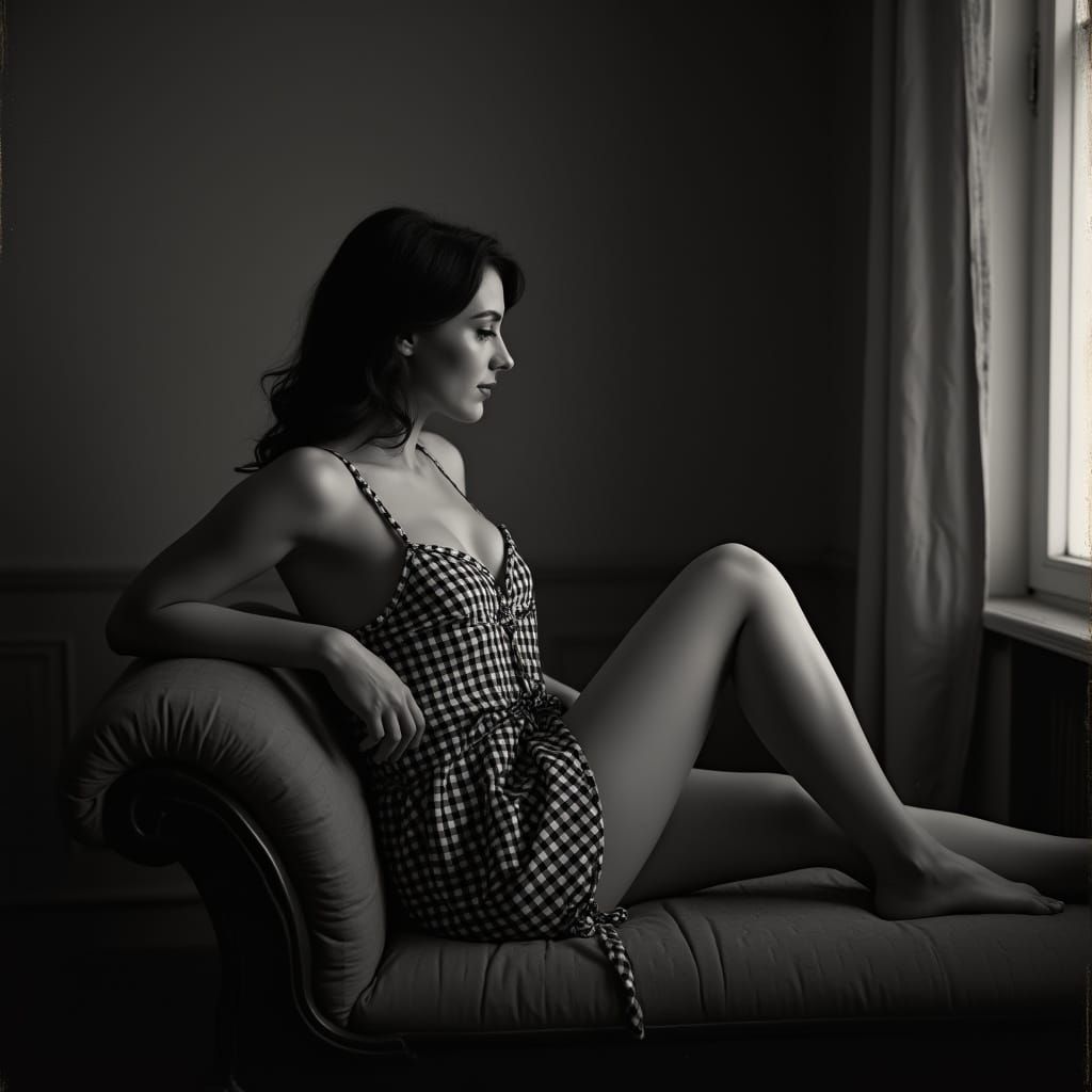Vintage Gingham Nightie Portrait in Classic Film Noir Style