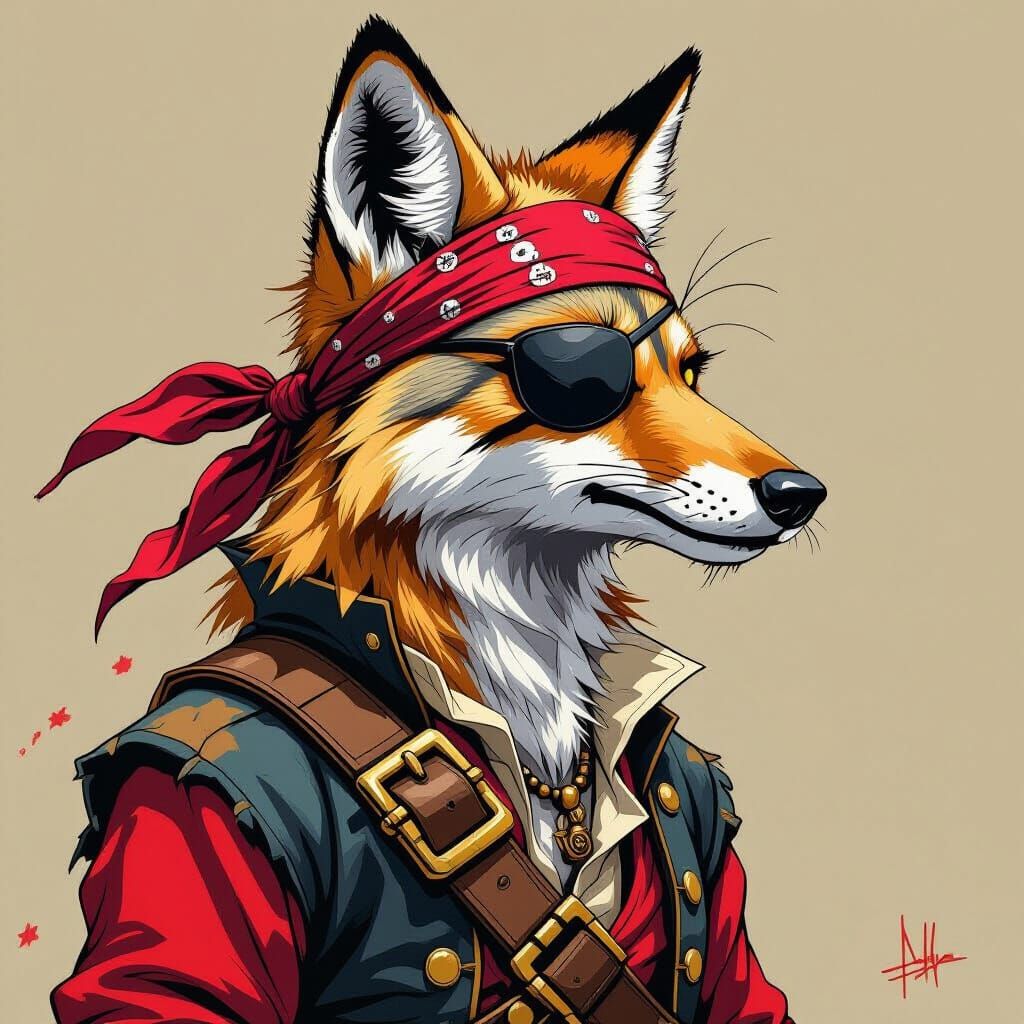 Maned Wolf Pirate Profile in Vibrant Painting Style