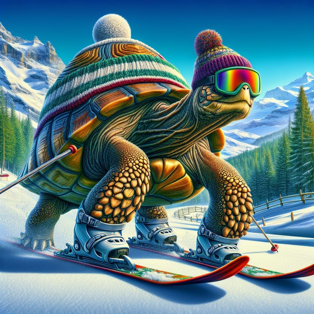 Turtle Skier on Alpine Slope in Hyperrealism