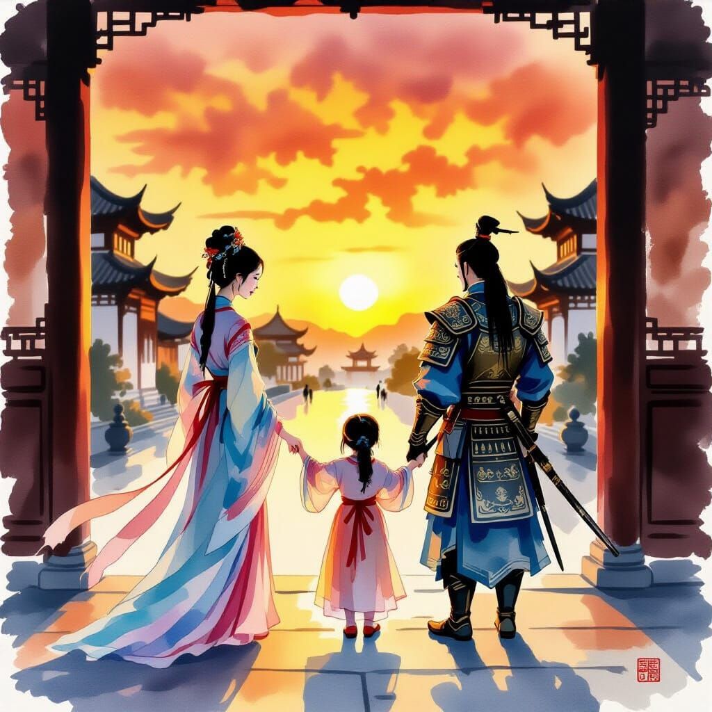 Watercolor Farewell at Sunset Chinese Estate