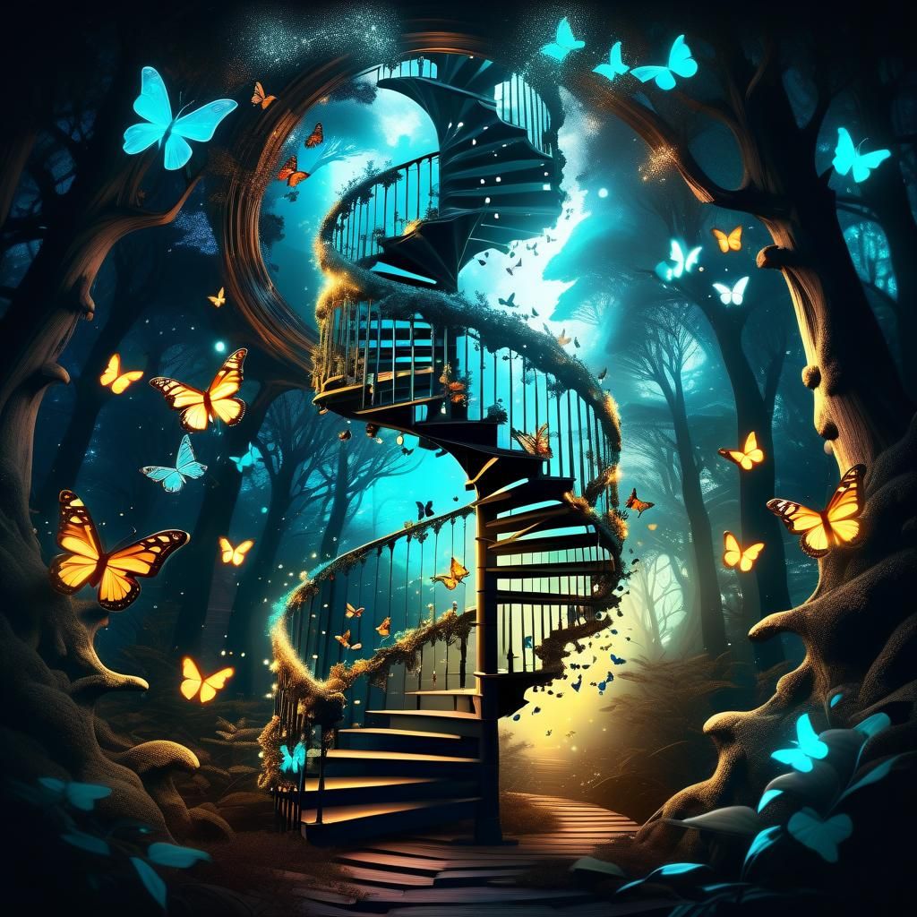 Enchanted Forest Spiral Staircase in 3D Digital Art
