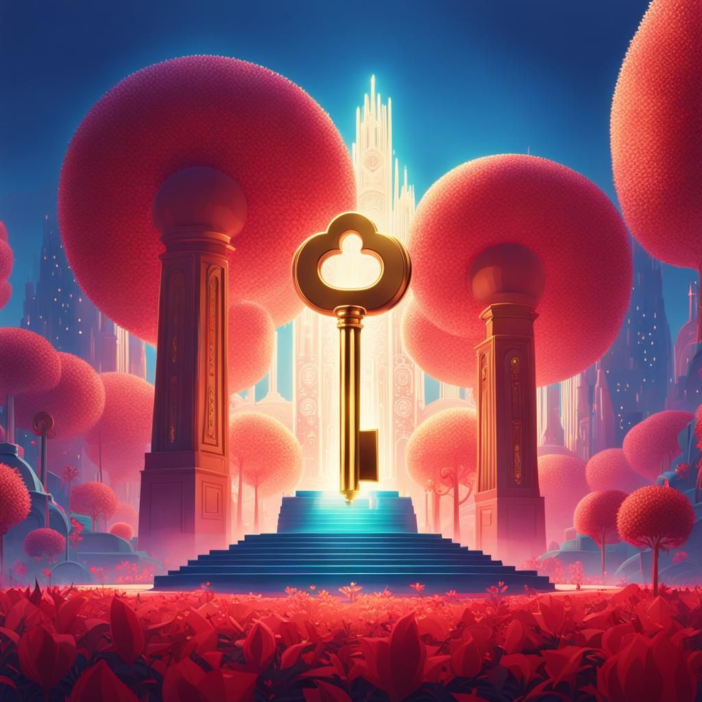 Giant Golden Key in Surreal Fantasy Landscape