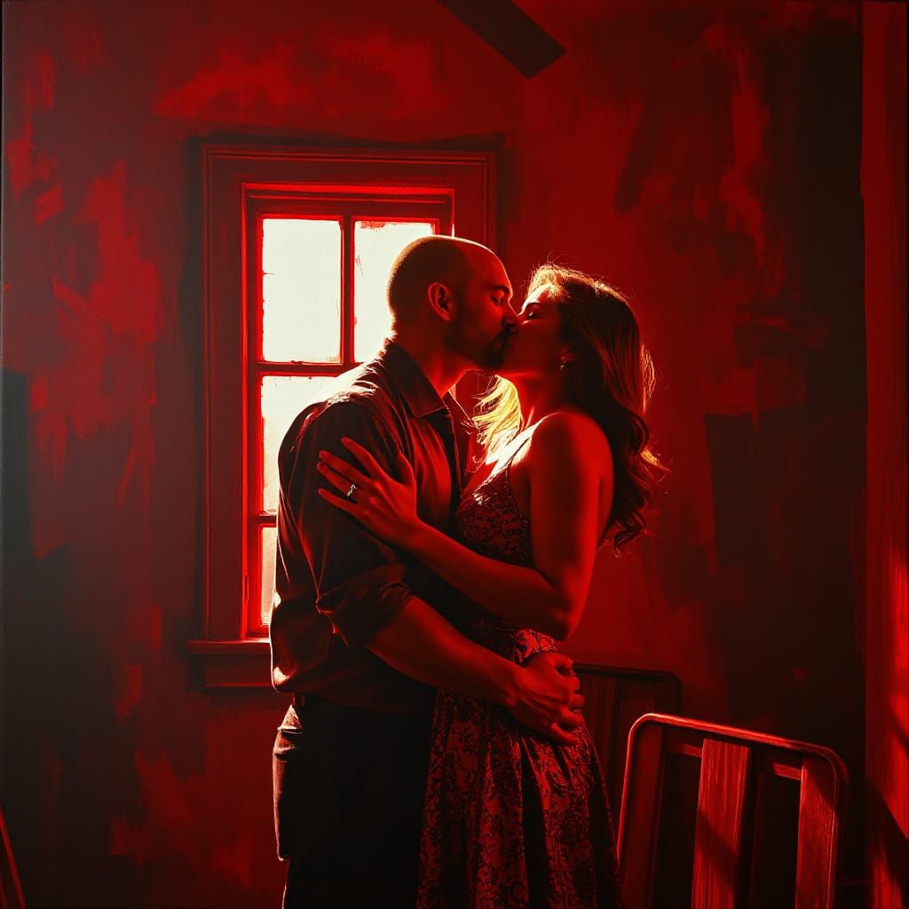 Passionate Kiss in Crimson Expressionist Style