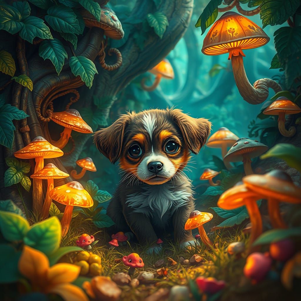 Whimsical Puppy in a Fantastical Landscape