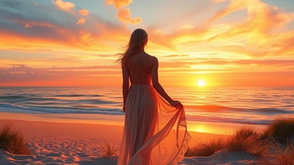 Breathtaking Sunset Scene with Woman in Sundress