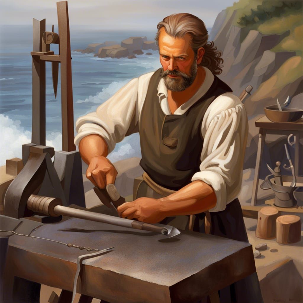 Blacksmith at Seaside Forge in Historical Painting