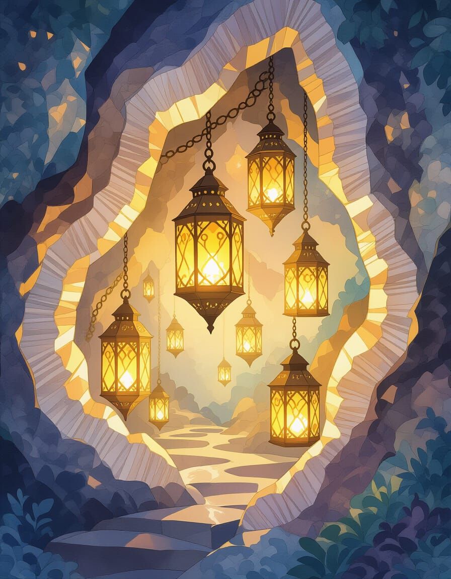 Lantern World Inside Geode, Impressionist Watercolor