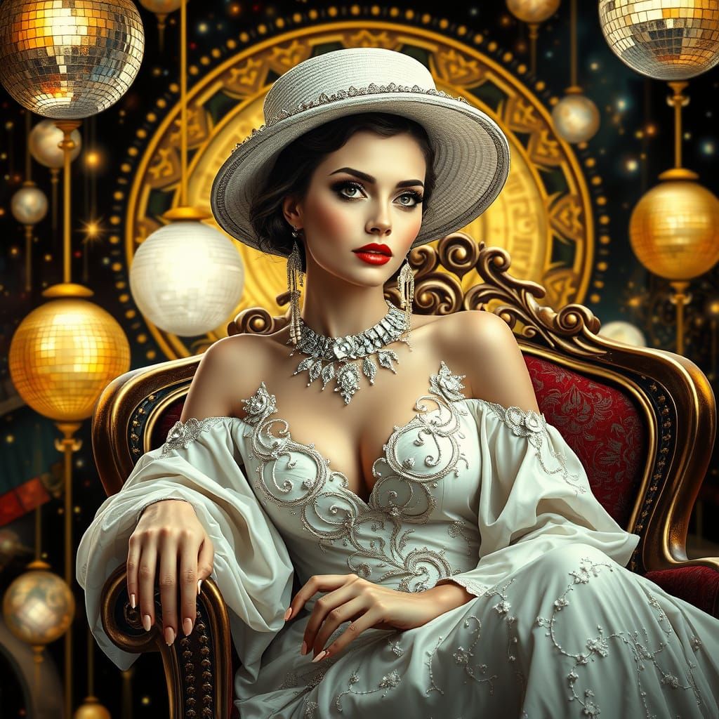 Elegant Woman in Opulent Disco Era Setting