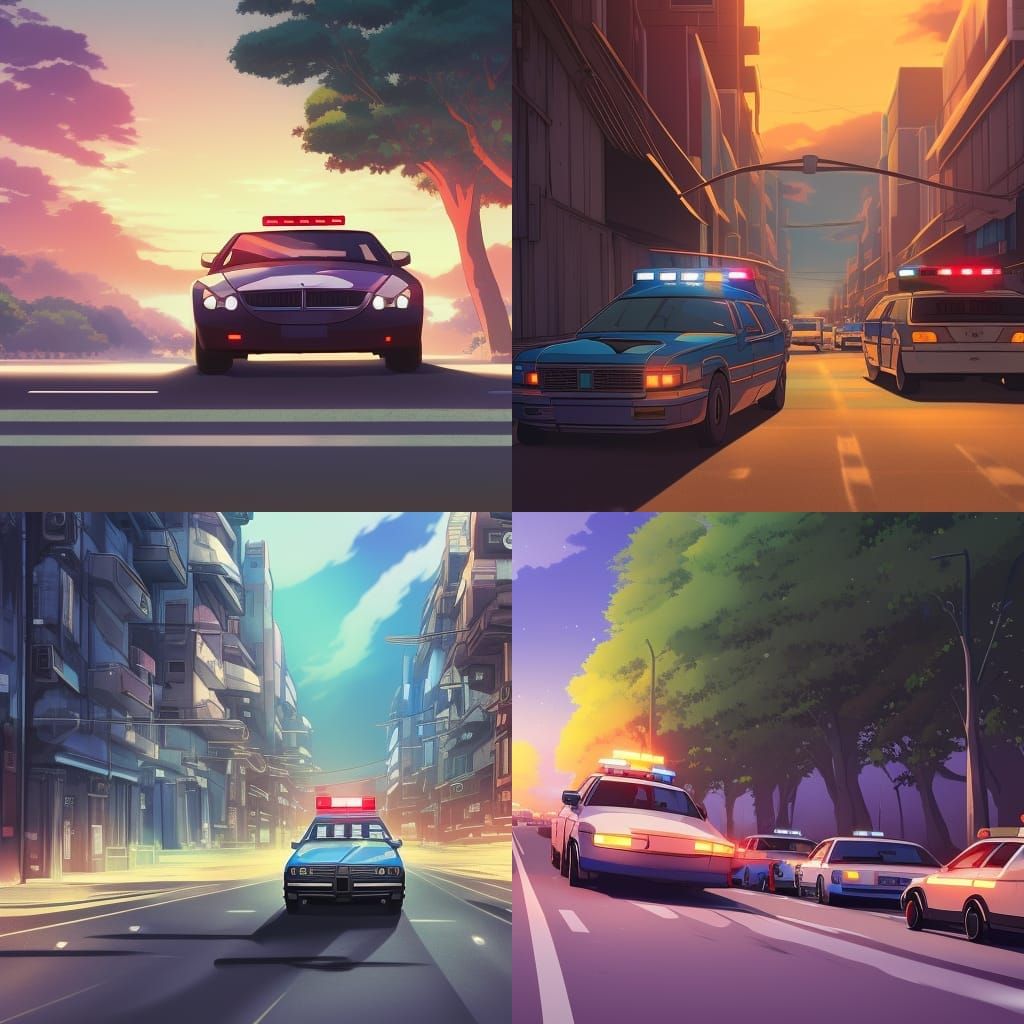 Police Cars on Road in Studio Ghibli Style