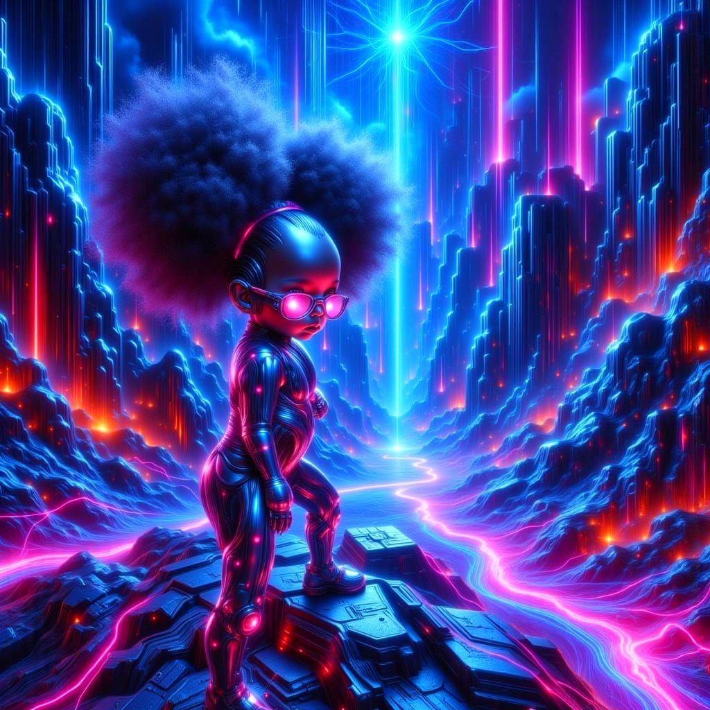 Cybernetic Child Defies Gravity in a Futuristic Canyon