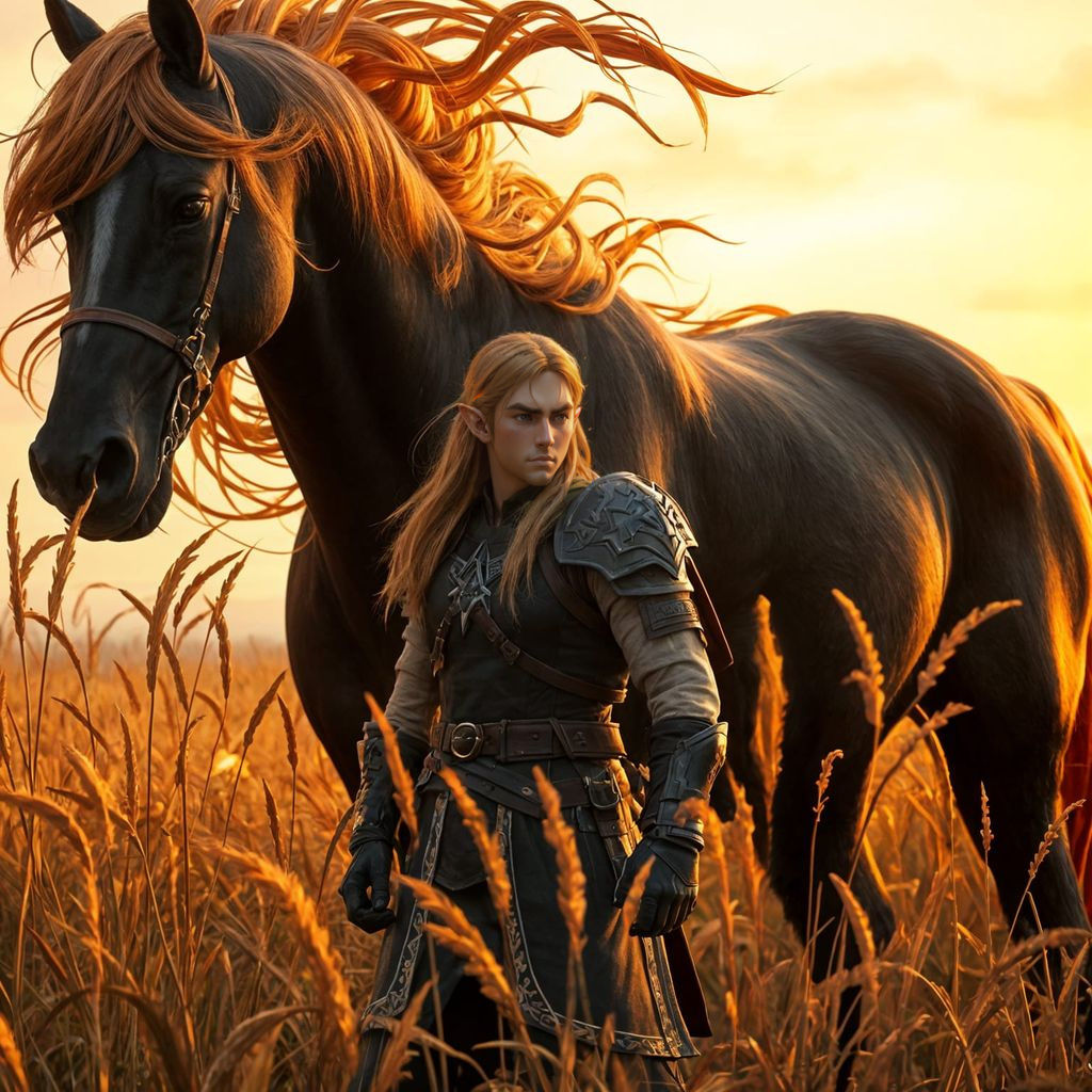 Link and the Majestic Red and Black Stallion in Tall Grass