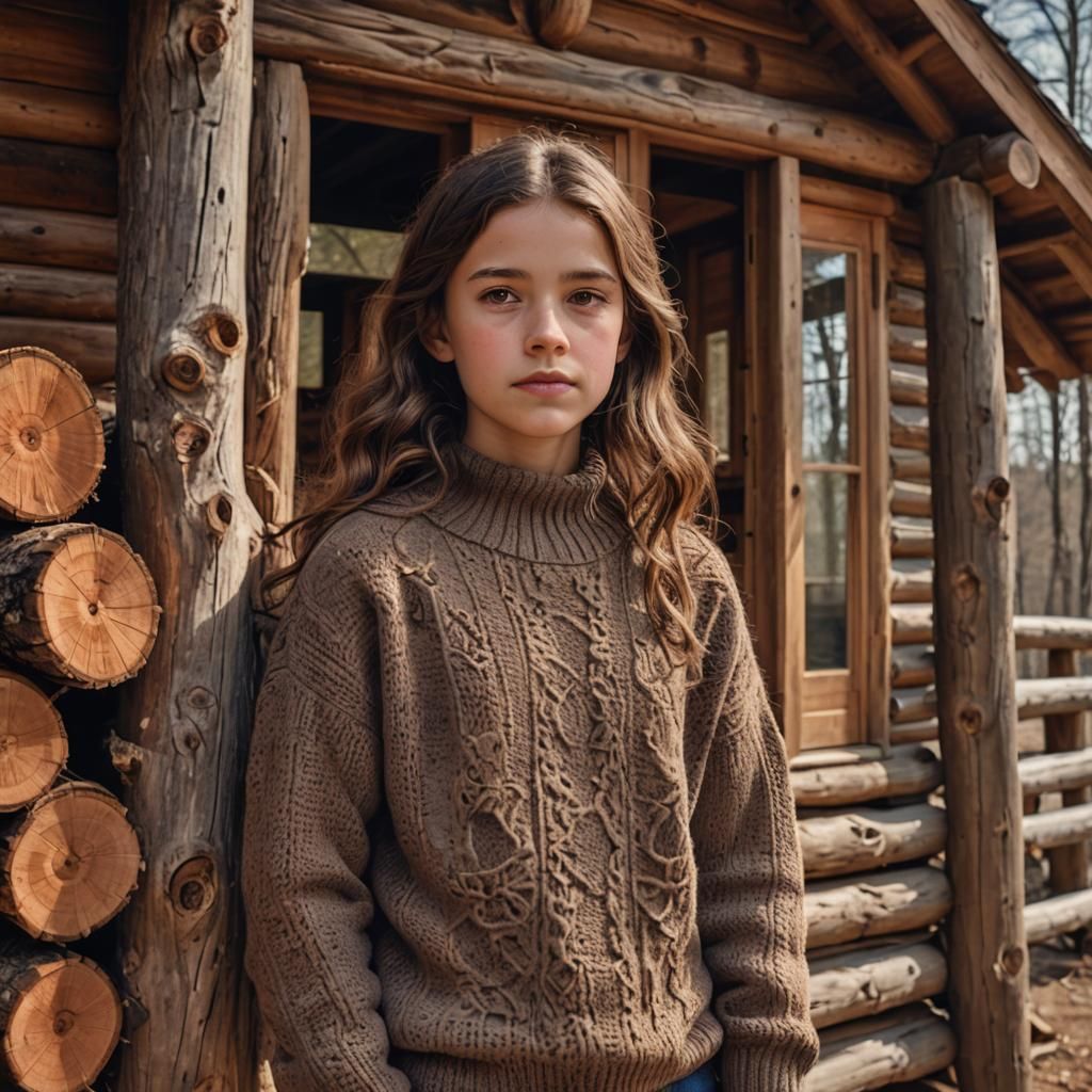 Girl in Log Cabin: Hyperrealistic Portrait