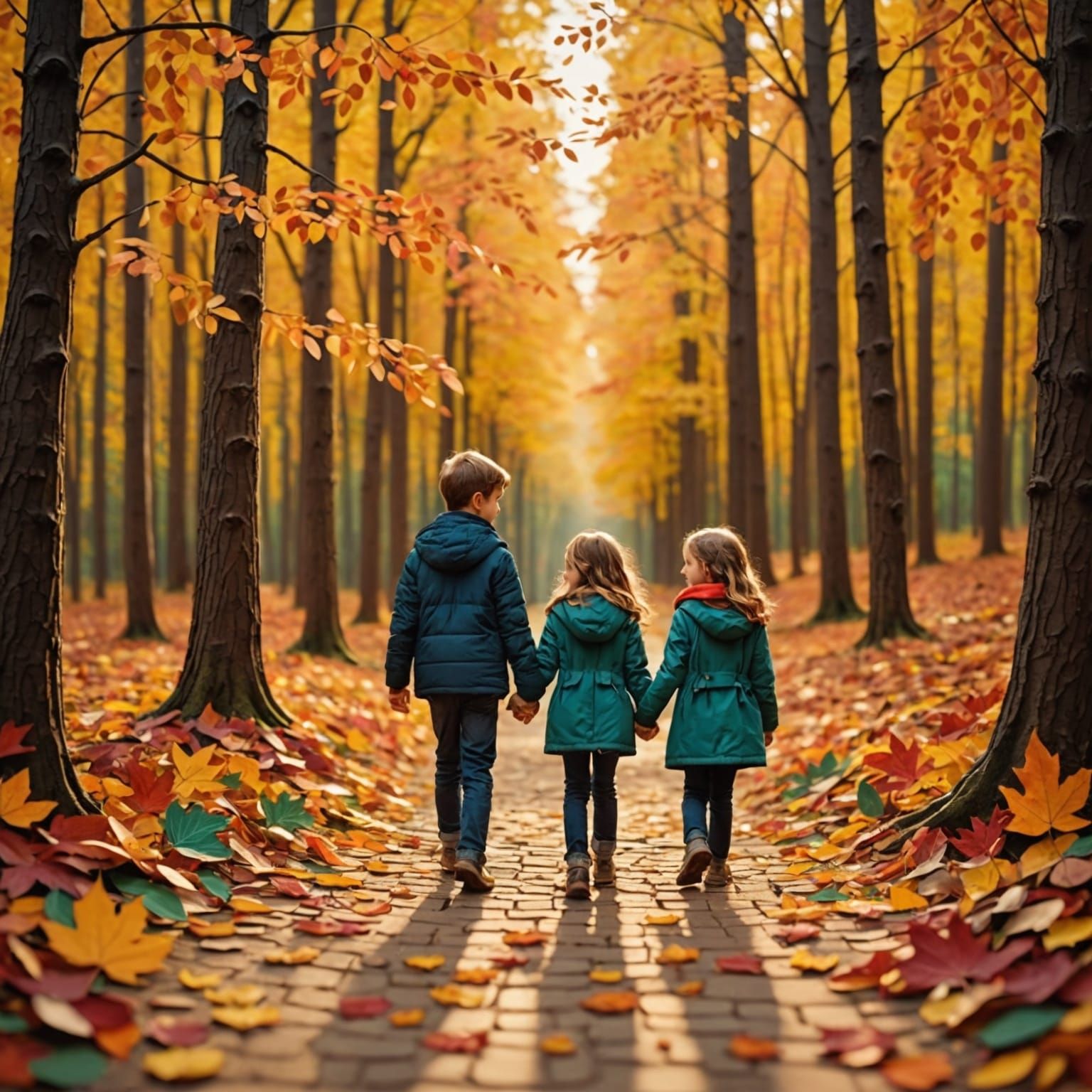 Children Walking in Autumn Forest: Quilling Collage Art