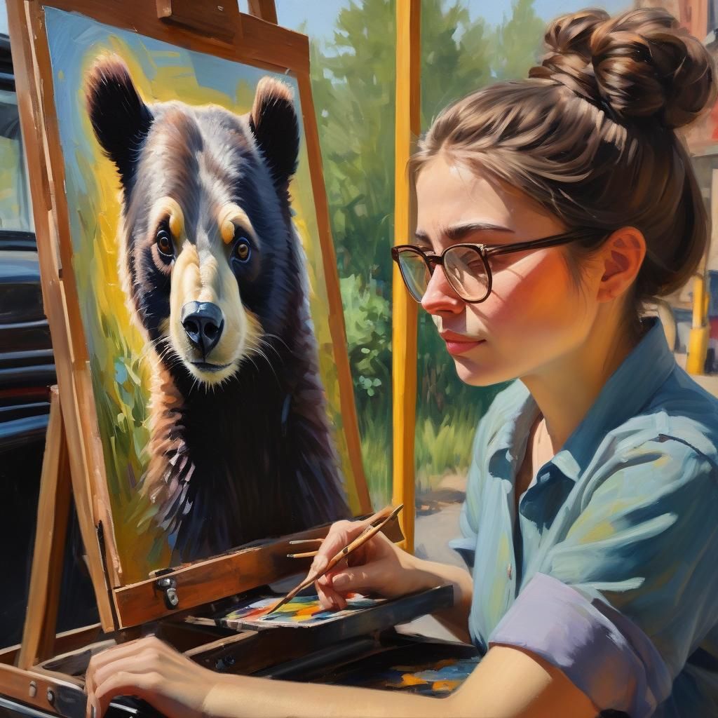 Girl Creates Whimsical Art on Easel with Bespectacled Bear T...