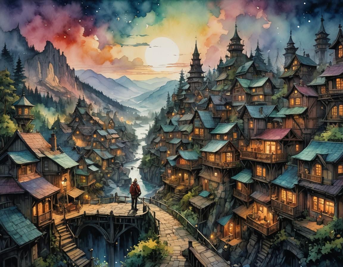 Watercolor of Solitary Figure at Night by Grimmer