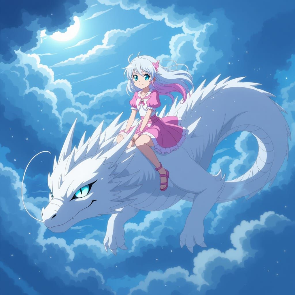 Girl Rides Giant Dragon Through Stormy Sky