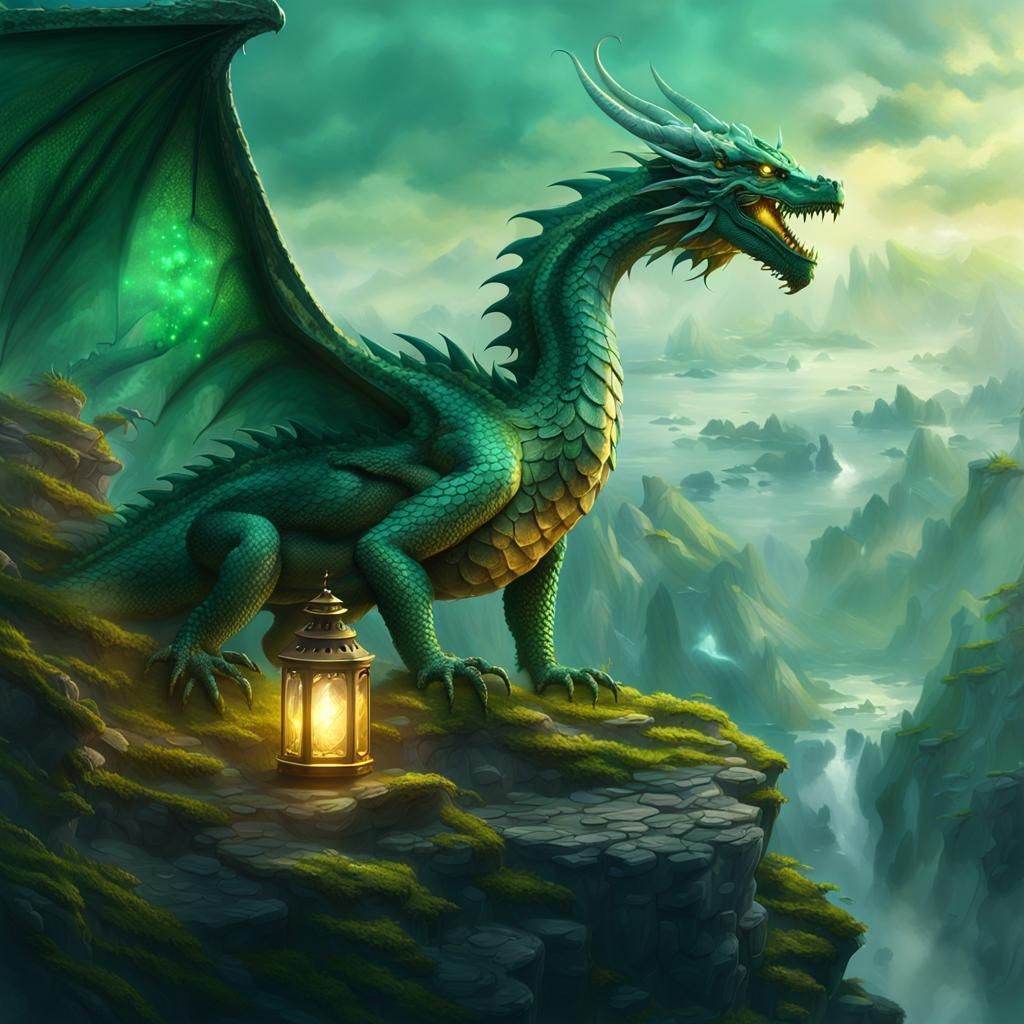 Majestic Green Dragon on Misty Cliff in Fantasy Art