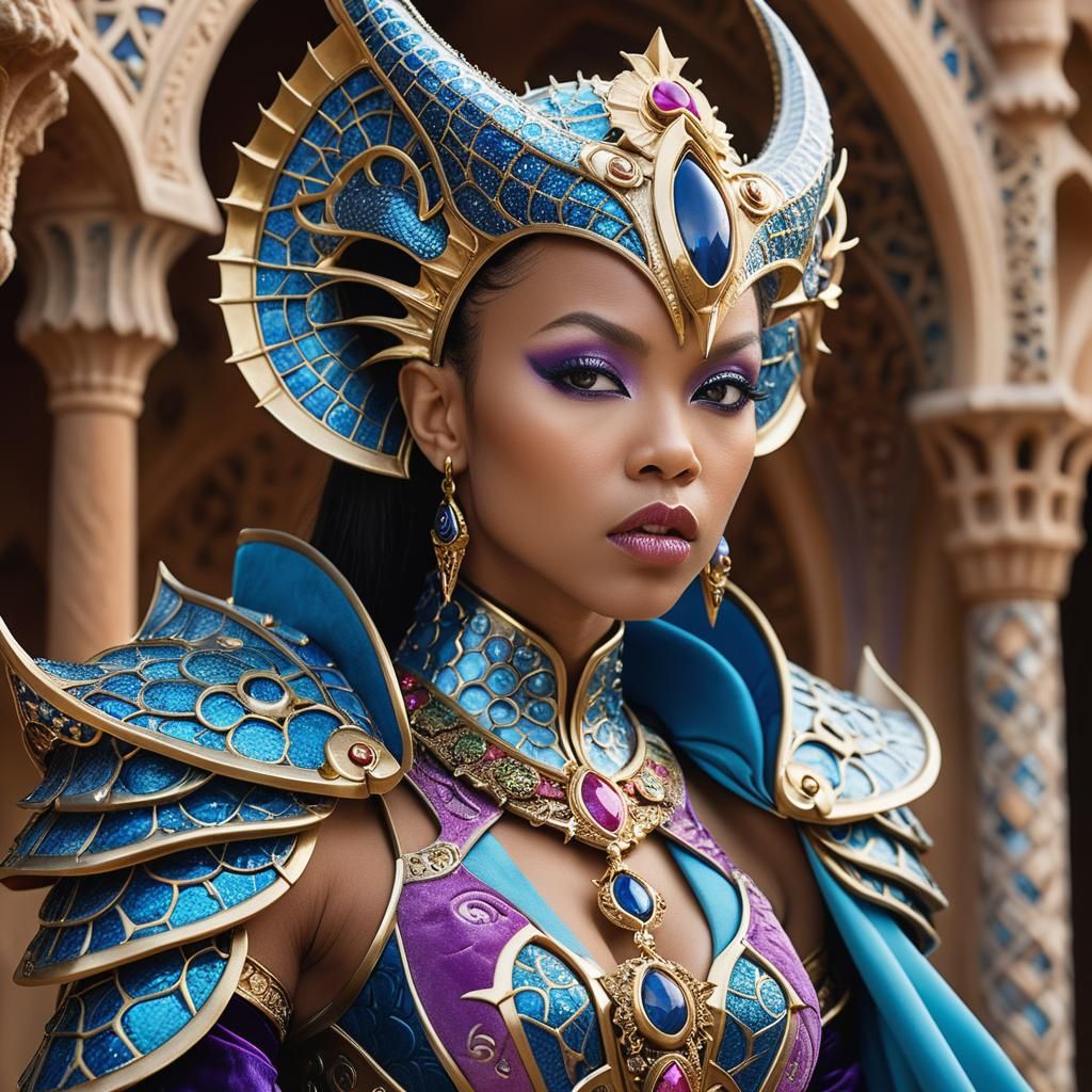 Ornate Portrait of a Blasian Woman in Gaudi Armor