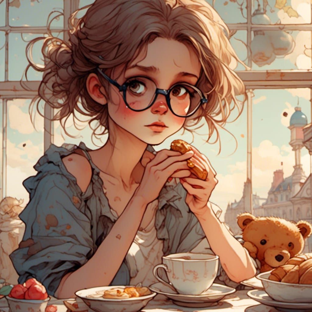 Cute Girl Enjoying Breakfast in Aquarelle Style