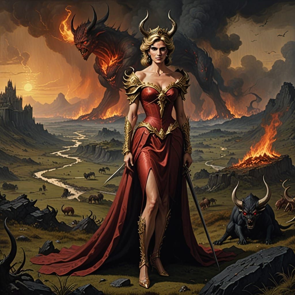 Princess Diana as a Demon in Hellish Landscape