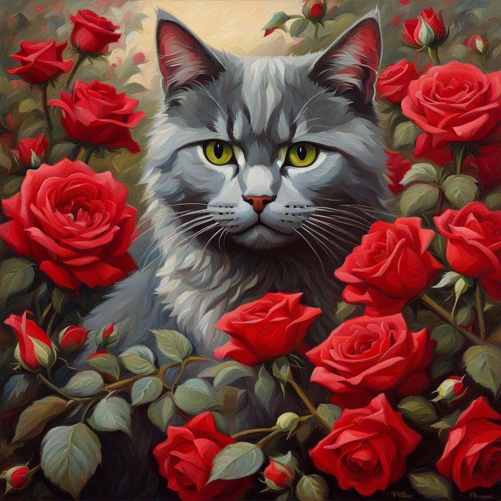 Grey Cat Sleeping Among Red Roses Oil Painting