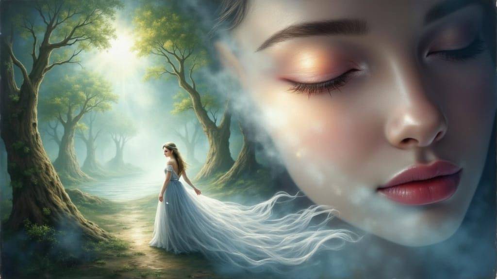 Dreamy Forest Woman in Flowing Robes with Light Particles