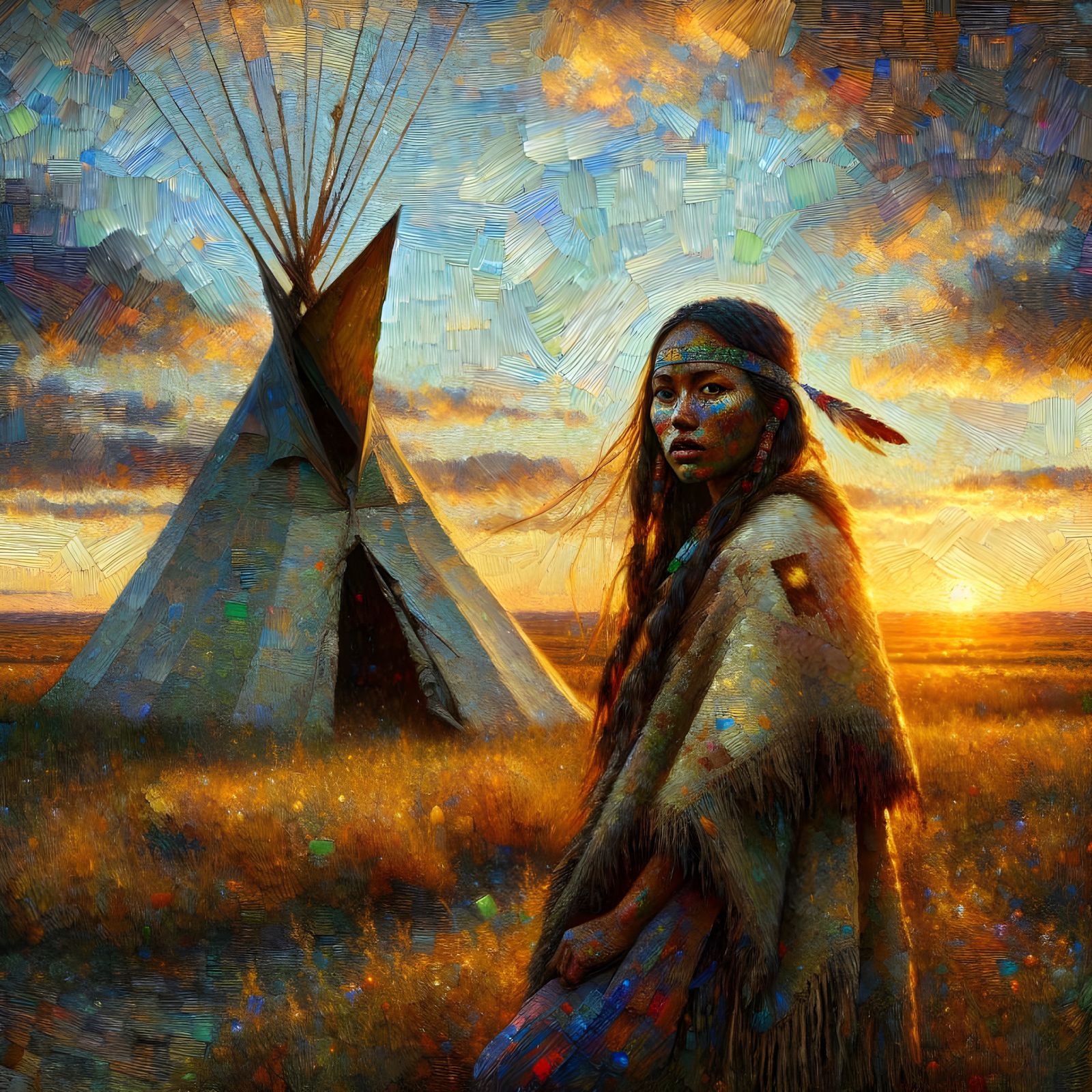 Dakota Tribeswoman Portrait in Impressionist Style