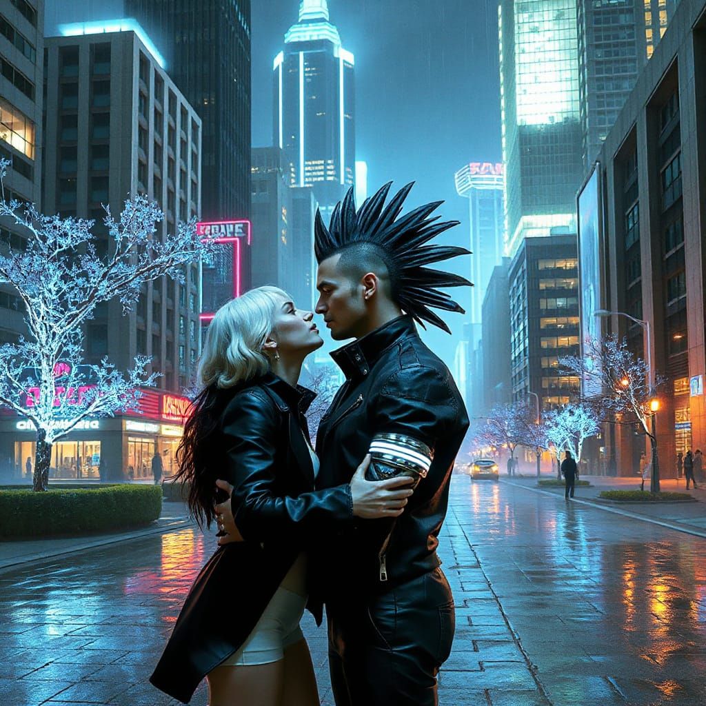 Cyberpunk Couple's Romantic Moment in Neon City
