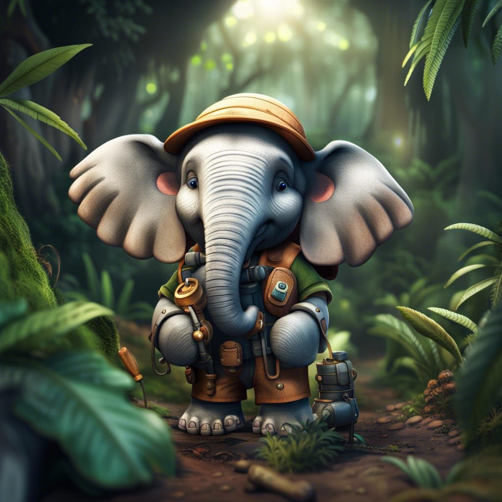 Cartoon Elephant Explorer in Dense Jungle