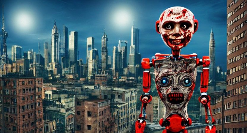 Zombie Robot Cityscape in Folk Art Style