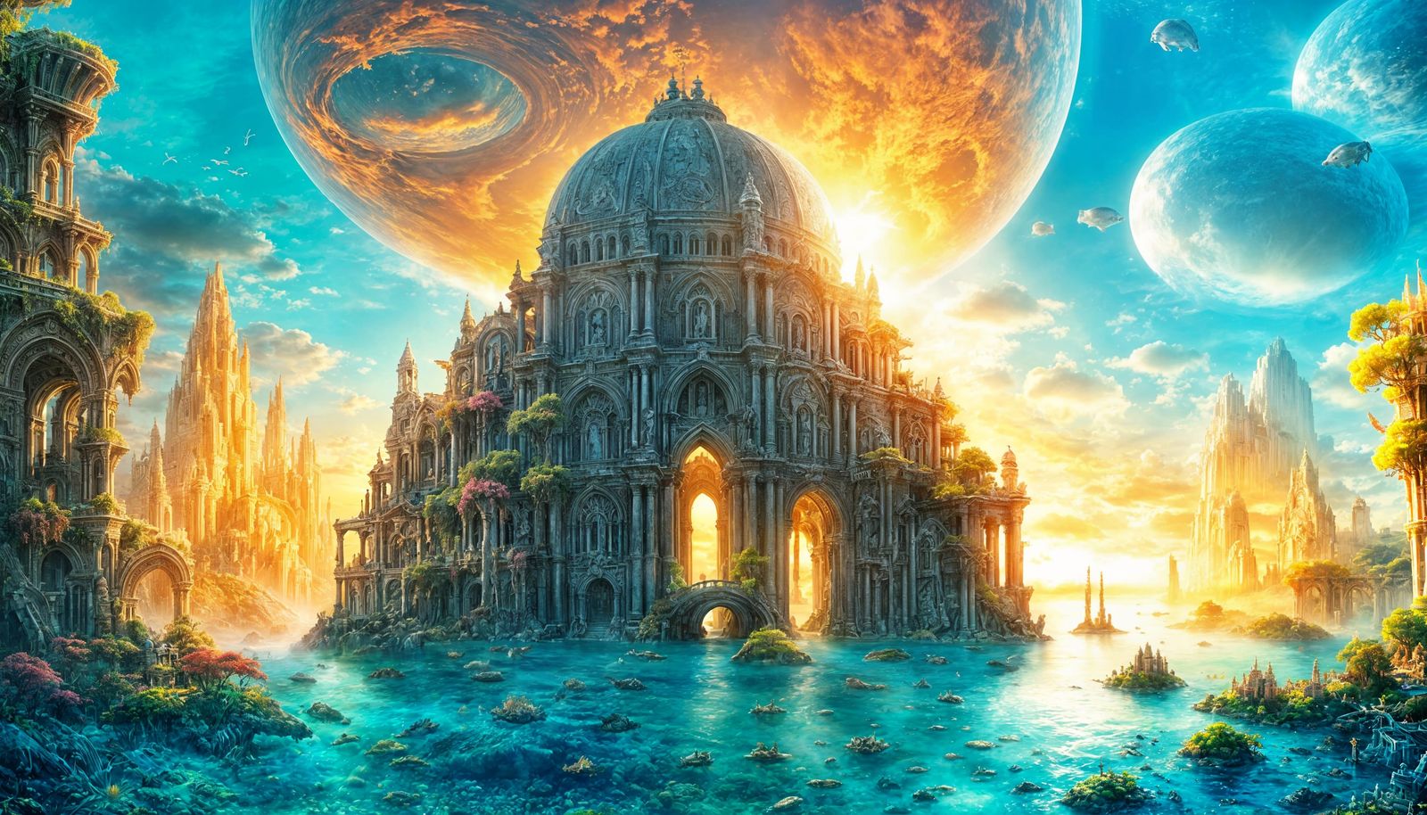 Submerged Lost City with Marine Life in Fantasy Art Style