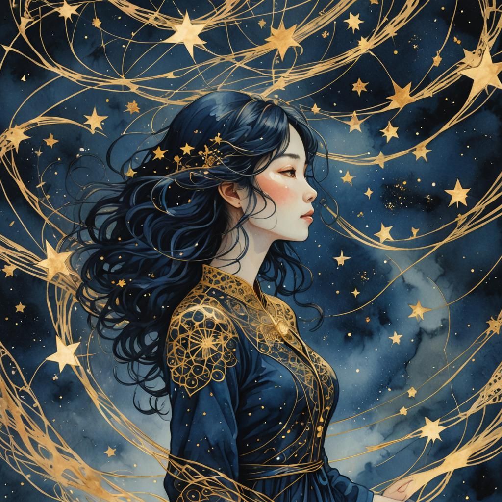 Ethereal Figure Gazing at Starry Sky