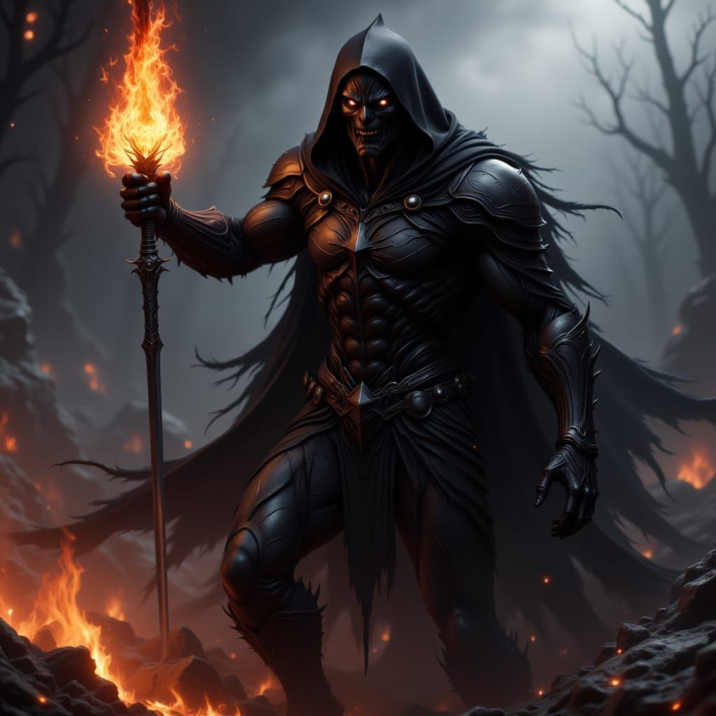 Shadow Ghoul Wielding Flame Magic in Superhero Suit