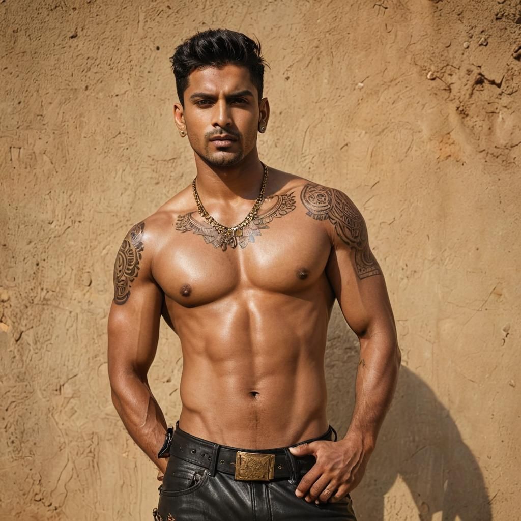 Bollywood Portrait: Muscular Man with Tattoos in Leather
