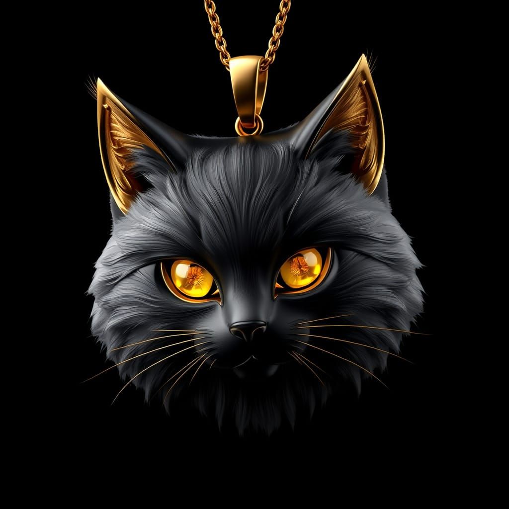Luxurious 3D Pendant in Black Cat's Head with Golden Accents
