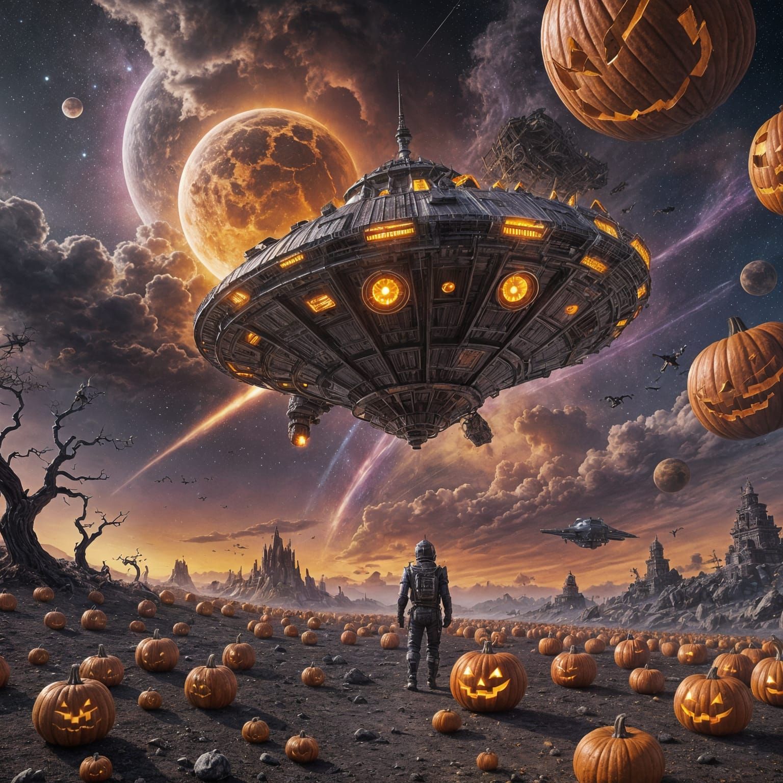 Epic Halloween Sci-Fi Scene with Cosmic Candy Corn