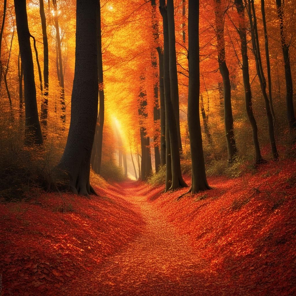 Golden Autumn Forest Path with Sunlight
