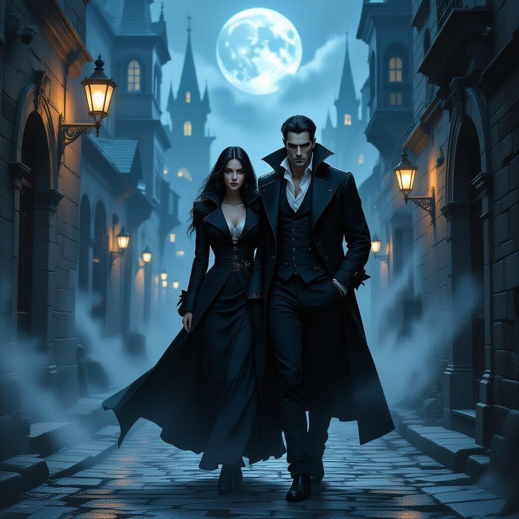 Vampire Lord Rescues Woman in Moonlit Alley