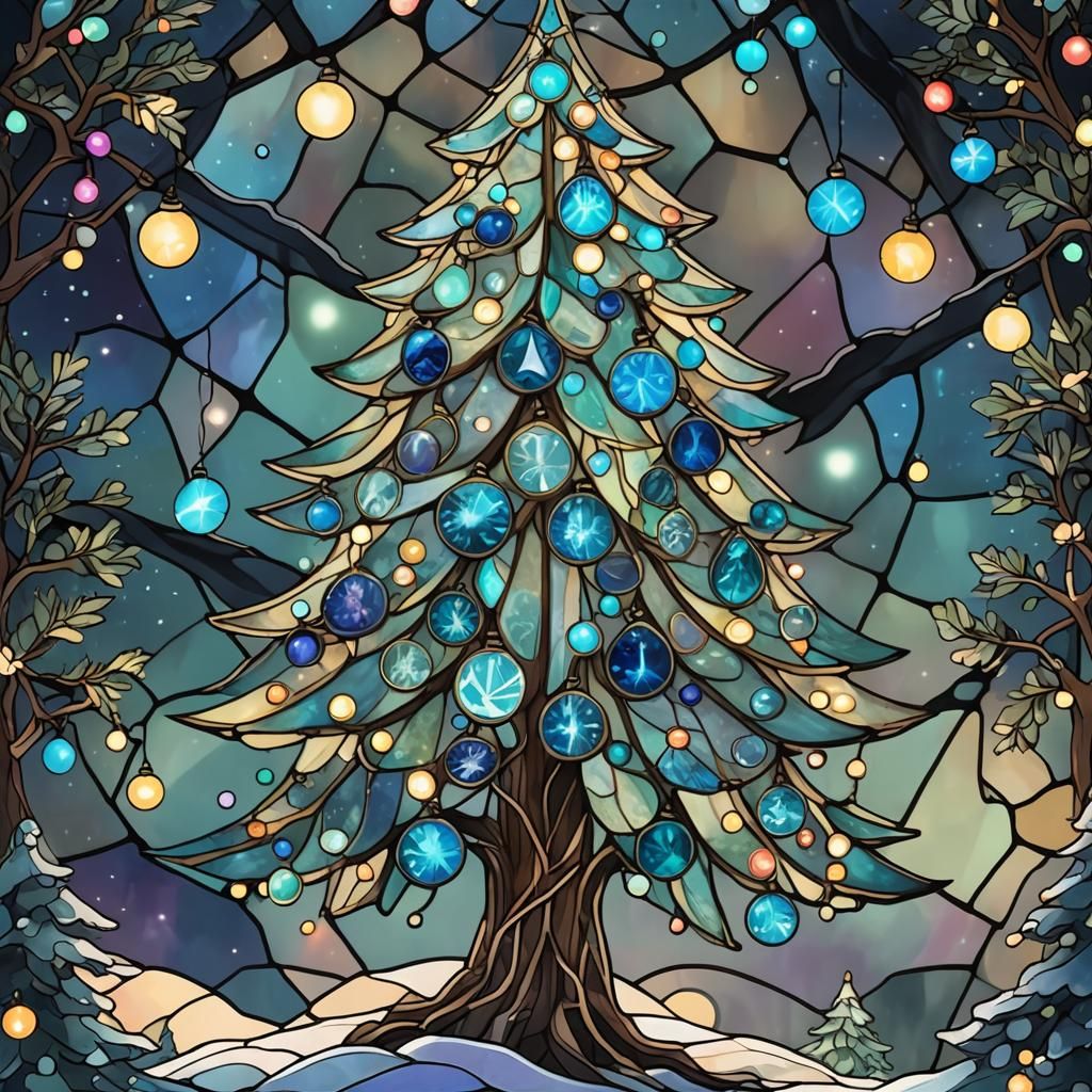 Bioluminescent Crystal Christmas Tree in Stained Glass Style