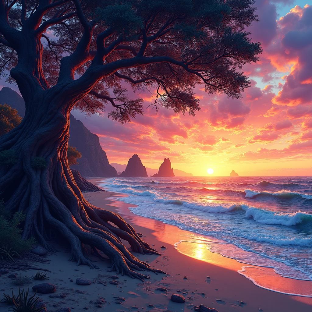 Vibrant Sunset Beach with Ancient Trees