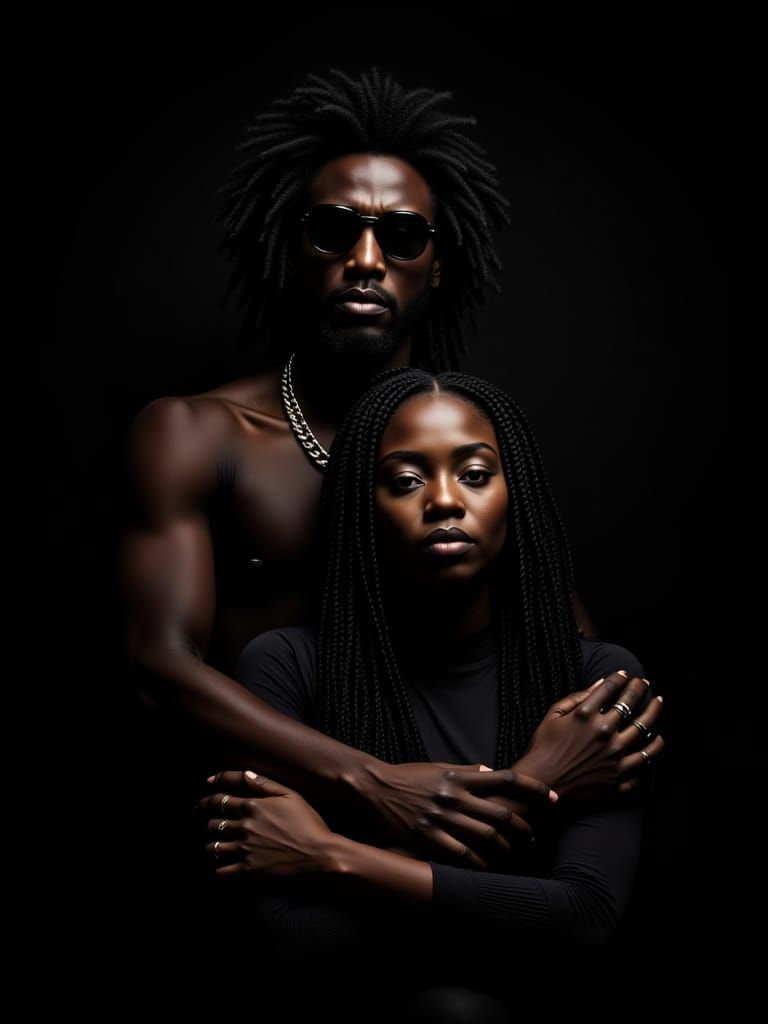 Intimate Moment of a Black Couple in Moody Lighting